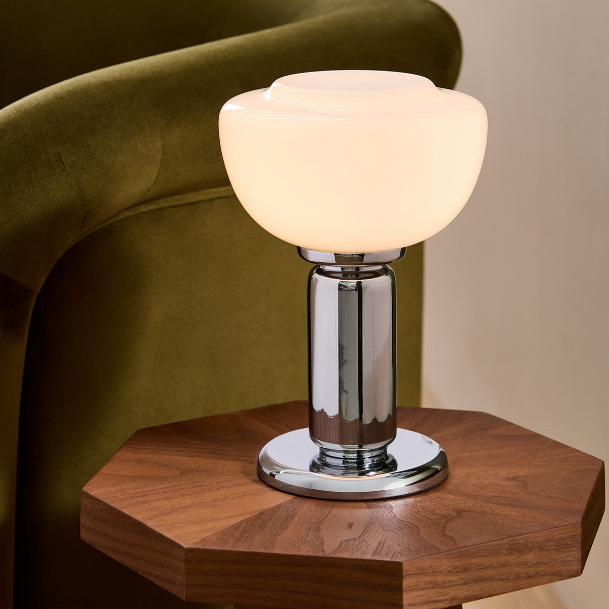 MADE Monroe Art Deco Table Lamp in Chrome Plate with Gloss Opal Glass
