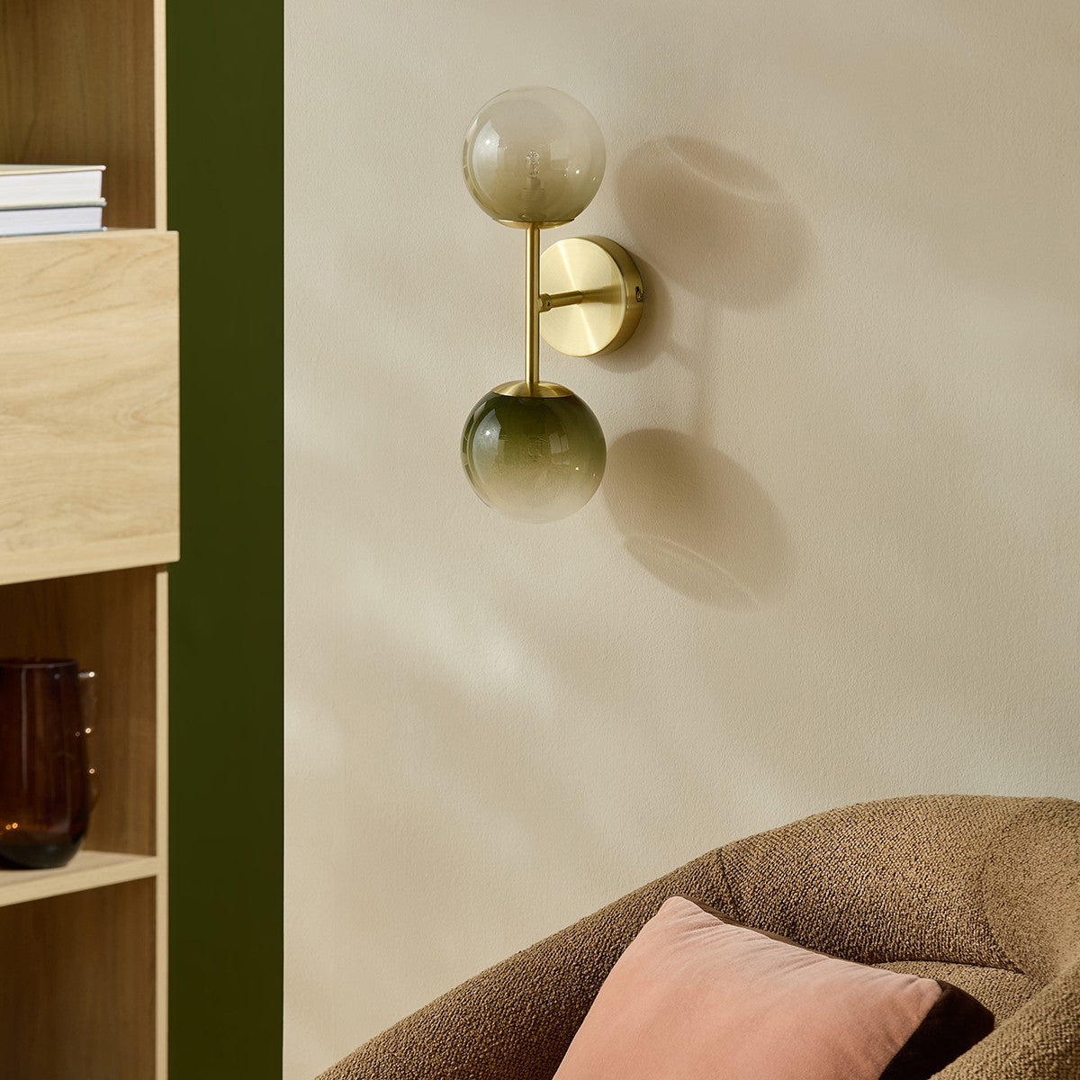 MADE Globe Vintage Wall Light in Brushed Brass with Green Ombre Glass Shades