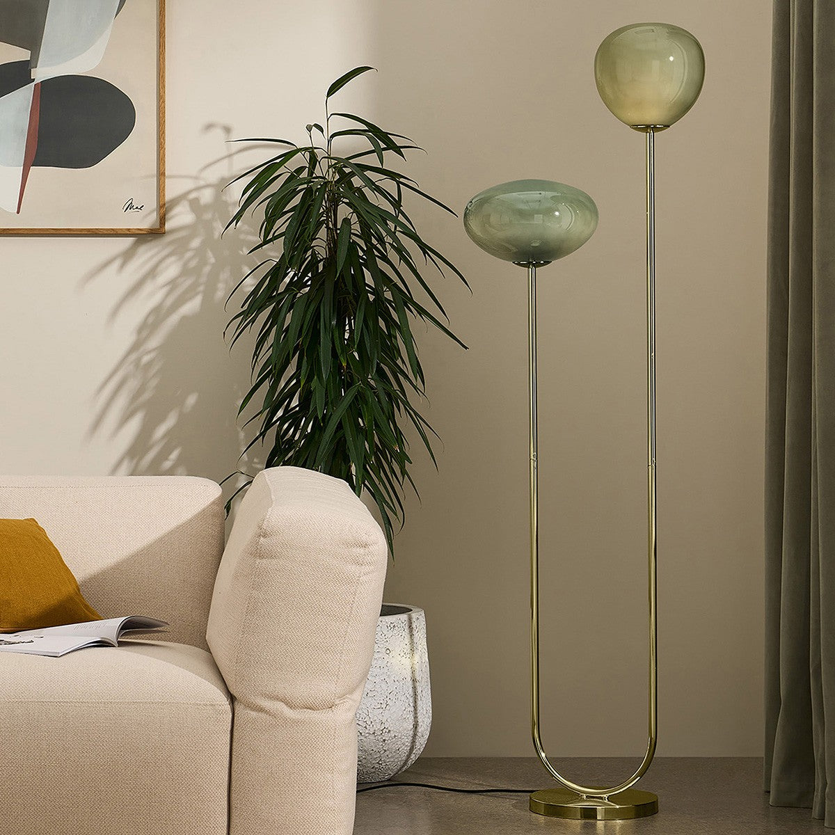 MADE Adrianne Modern Floor Lamp with Green Toned Glass and Polished Brass