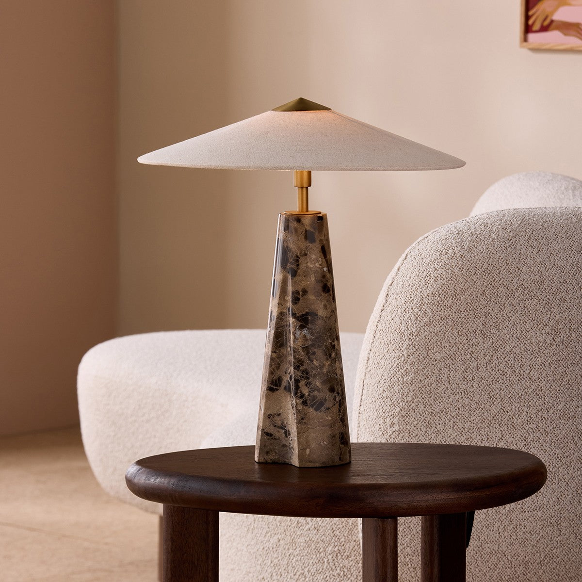 MADE Heath Brown Table Lamp with Emperador Marble and Natural Linen Lampshade