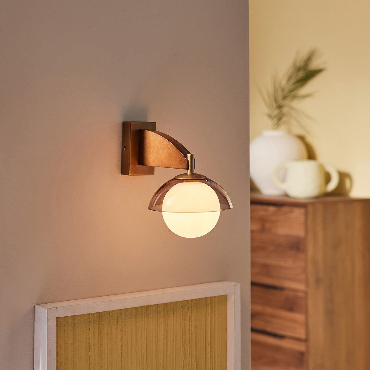 MADE Layla Wood Wall Light in Antique Brass with Opal Glass Lamp Shades