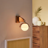 MADE Layla Wood Wall Light in Antique Brass with Opal Glass Lamp Shades