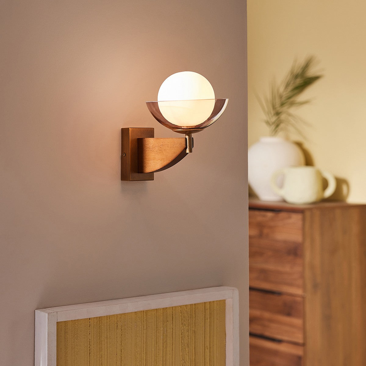 MADE Layla Wood Wall Light in Antique Brass with Opal Glass Lamp Shades