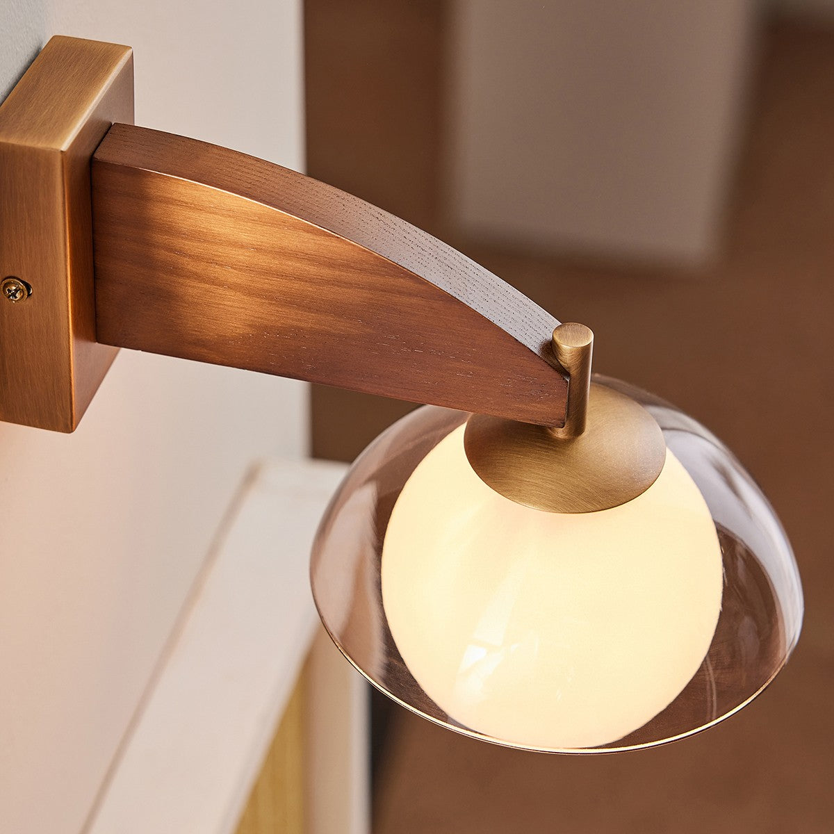 MADE Layla Wood Wall Light in Antique Brass with Opal Glass Lamp Shades