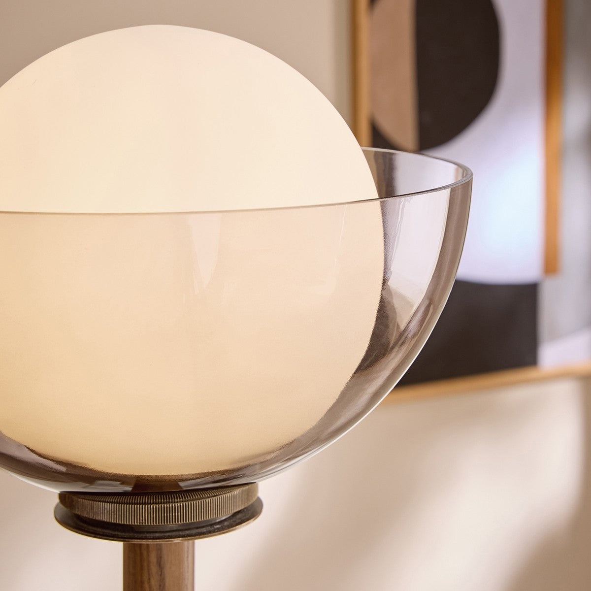 MADE Layla Wood Floor Light in Antique Brass with Opal Glass Lamp Shade