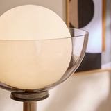 MADE Layla Wood Floor Light in Antique Brass with Opal Glass Lamp Shade