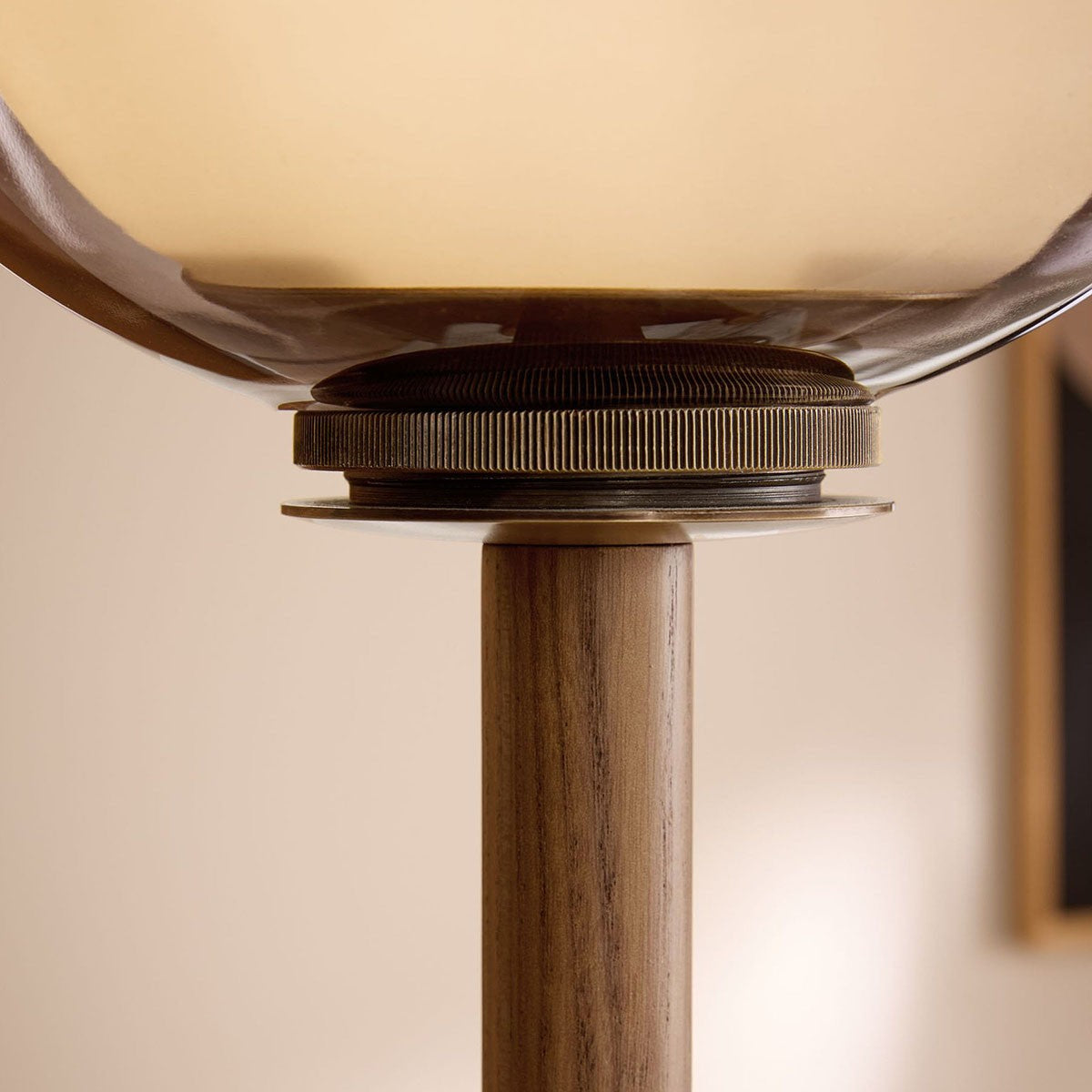 MADE Layla Wood Floor Light in Antique Brass with Opal Glass Lamp Shade