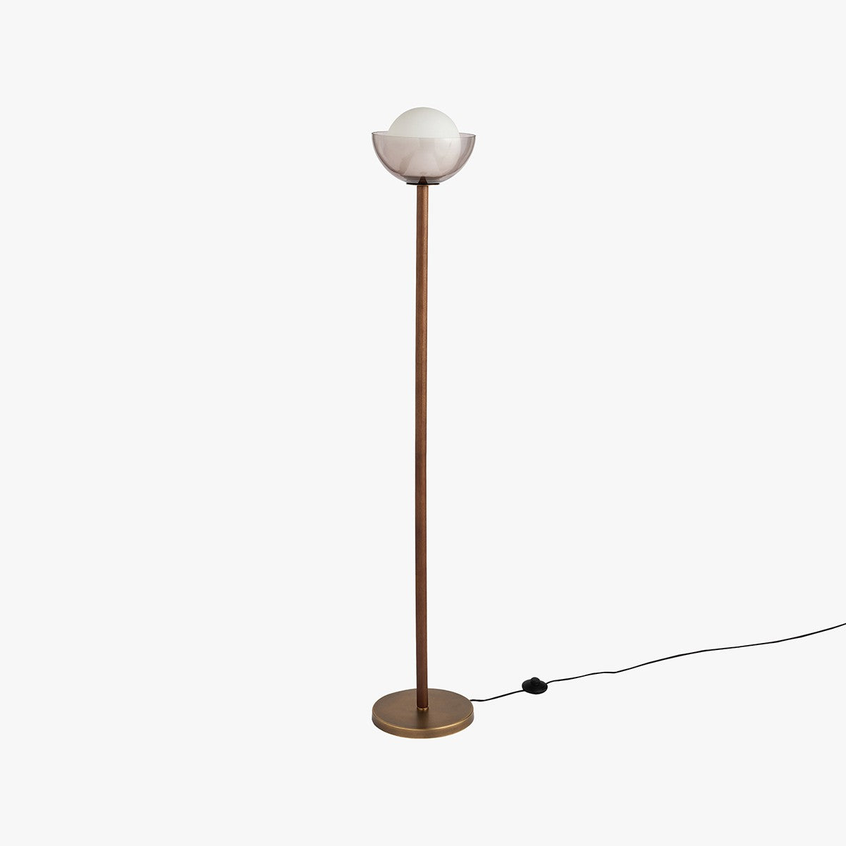 MADE Layla Wood Floor Light in Antique Brass with Opal Glass Lamp Shade
