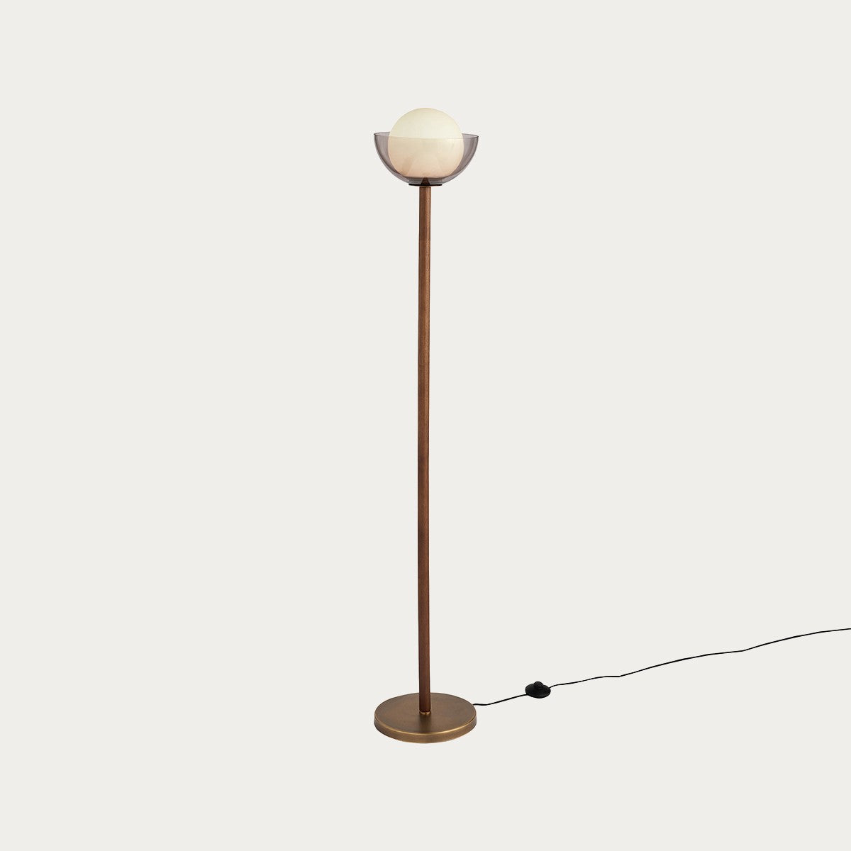 MADE Layla Wood Floor Light in Antique Brass with Opal Glass Lamp Shade