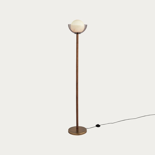 MADE Layla Wood Floor Light in Antique Brass with Opal Glass Lamp Shade