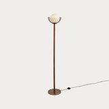 MADE Layla Wood Floor Light in Antique Brass with Opal Glass Lamp Shade
