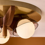MADE Layla Wooden Flush Ceiling Light in Antique Brass with Opal Glass Lamp Shades