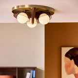 MADE Layla Wooden Flush Ceiling Light in Antique Brass with Opal Glass Lamp Shades