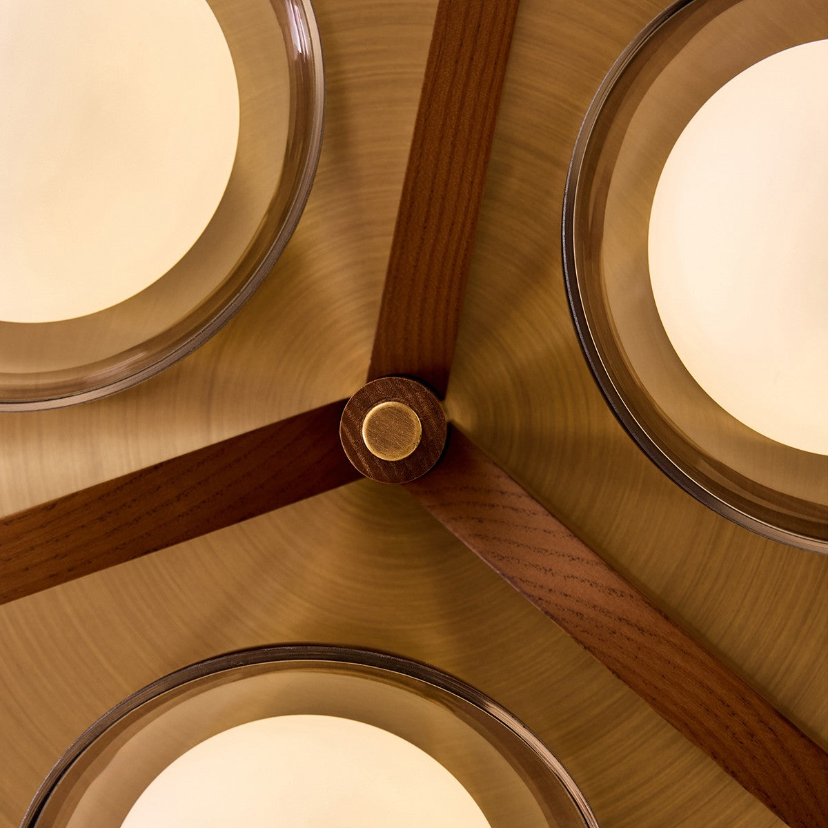 MADE Layla Wooden Flush Ceiling Light in Antique Brass with Opal Glass Lamp Shades