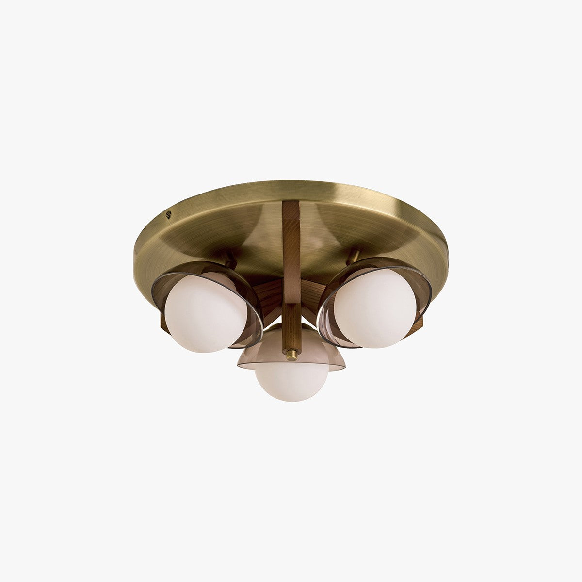 MADE Layla Wooden Flush Ceiling Light in Antique Brass with Opal Glass Lamp Shades