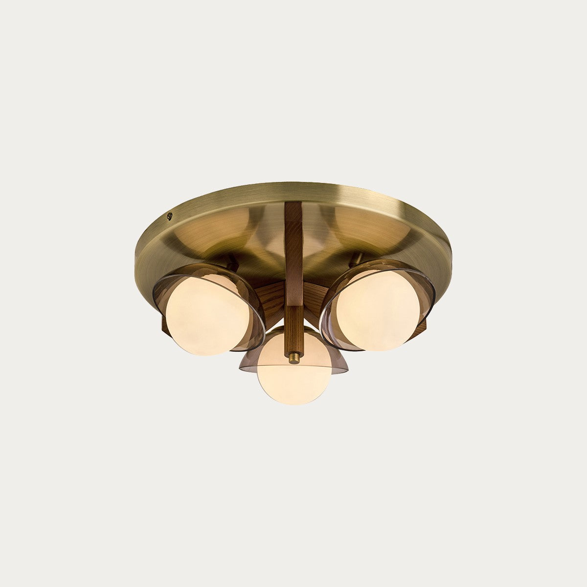 MADE Layla Wooden Flush Ceiling Light in Antique Brass with Opal Glass Lamp Shades