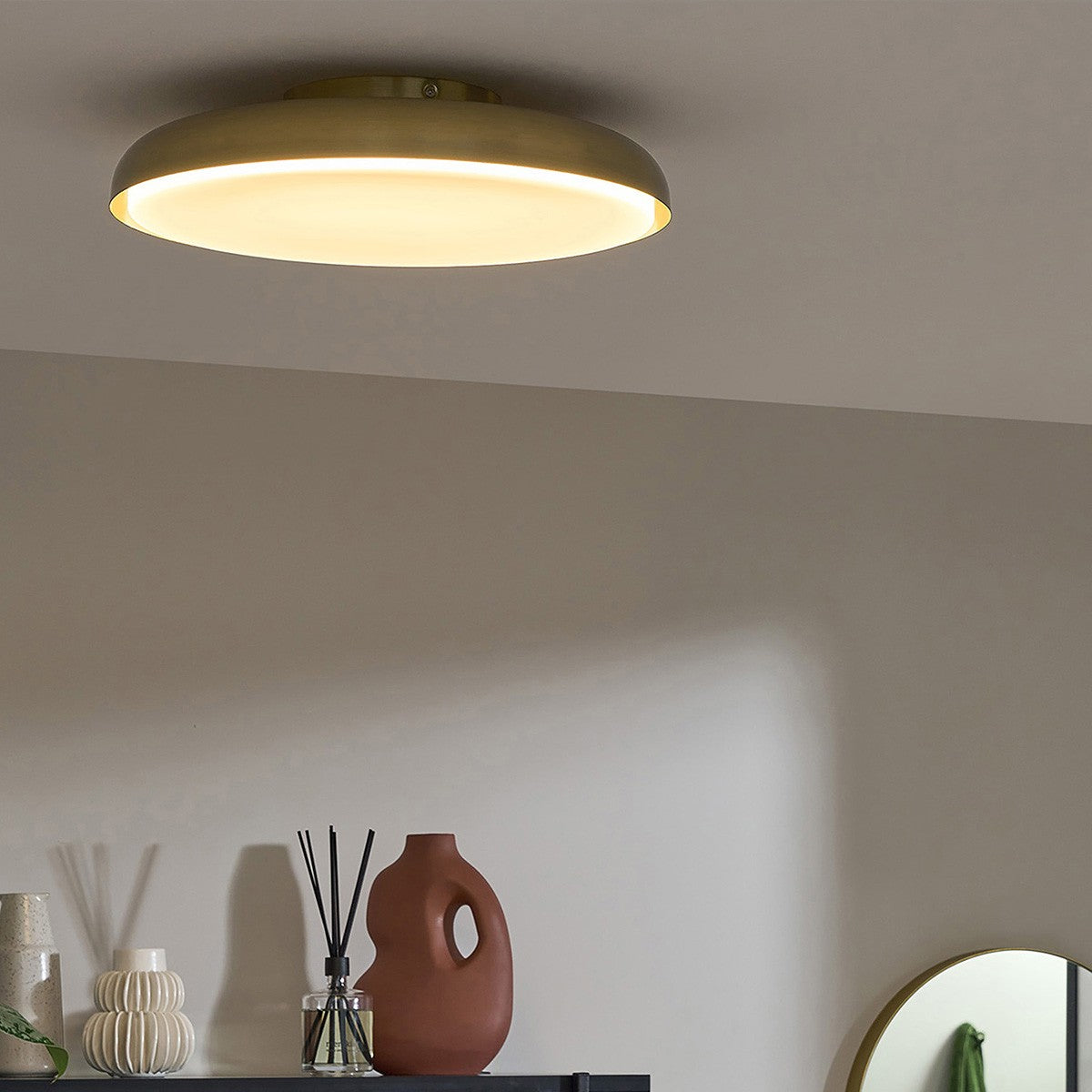 MADE Nura Bathroom Flush Ceiling Light in Antique Brass with Opal Diffuser