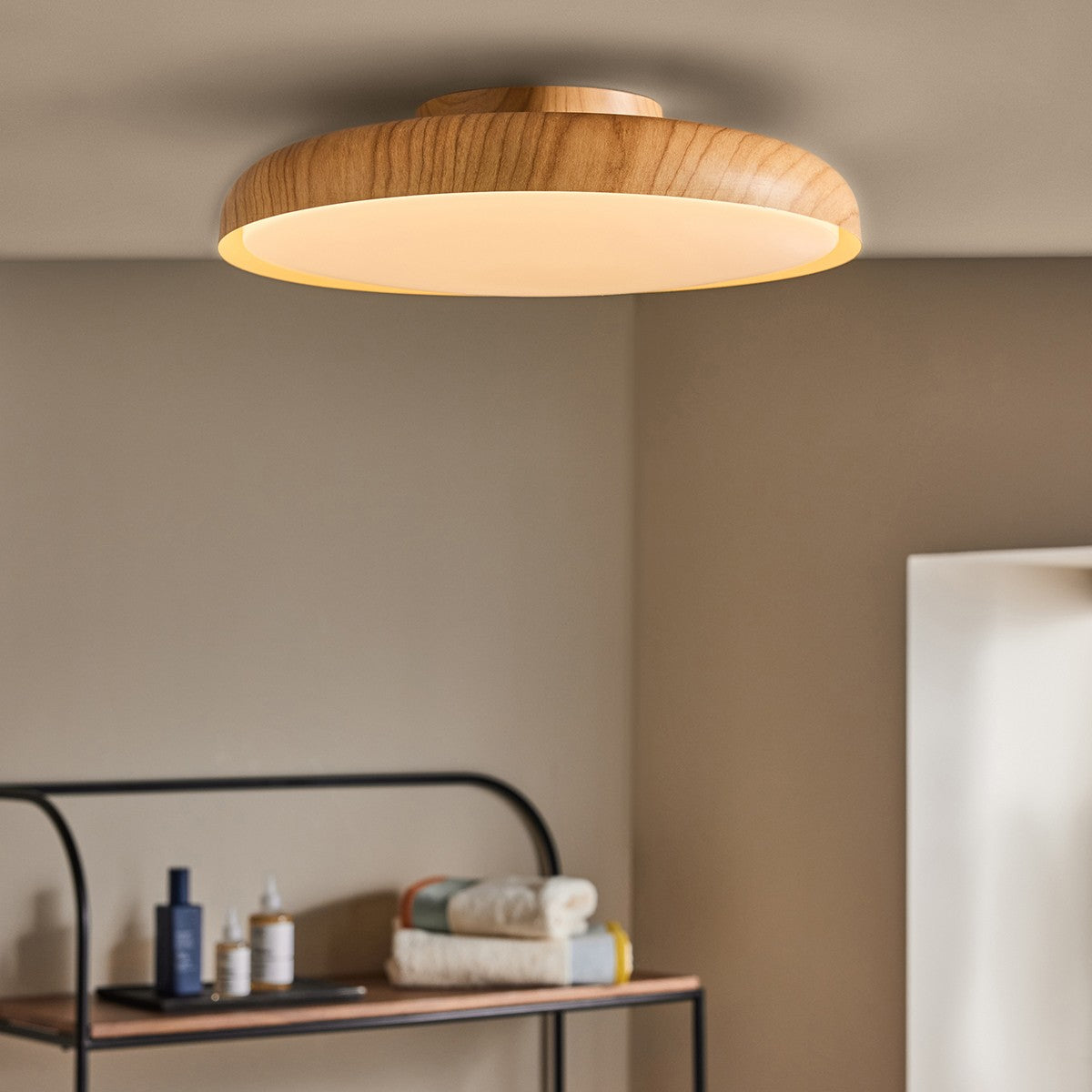 MADE Nura Flush Bathroom Ceiling Light in Wood Effect with Opal Diffuser