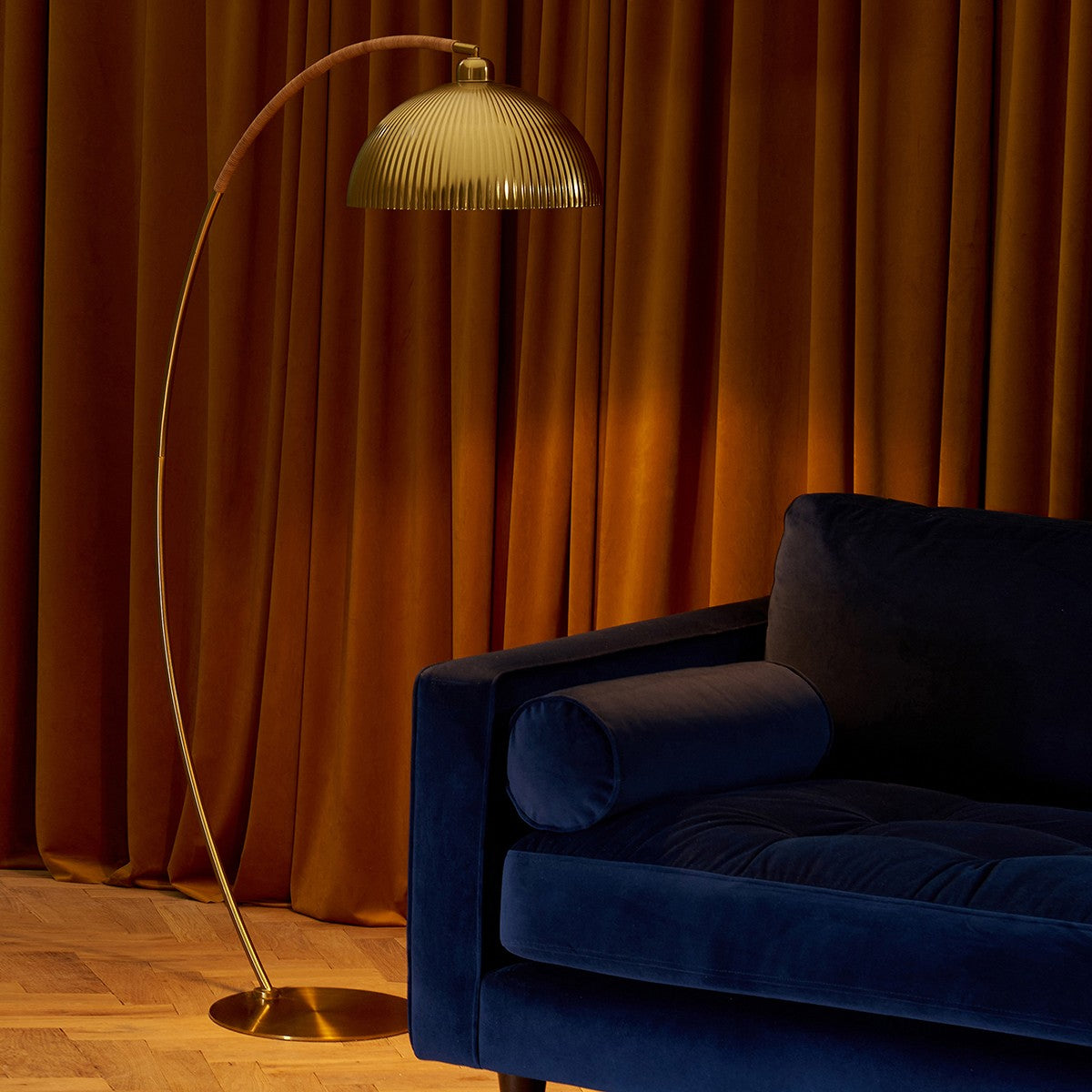 MADE Shell Gold Arch Floor Lamp with Rattan Wrapped Frame