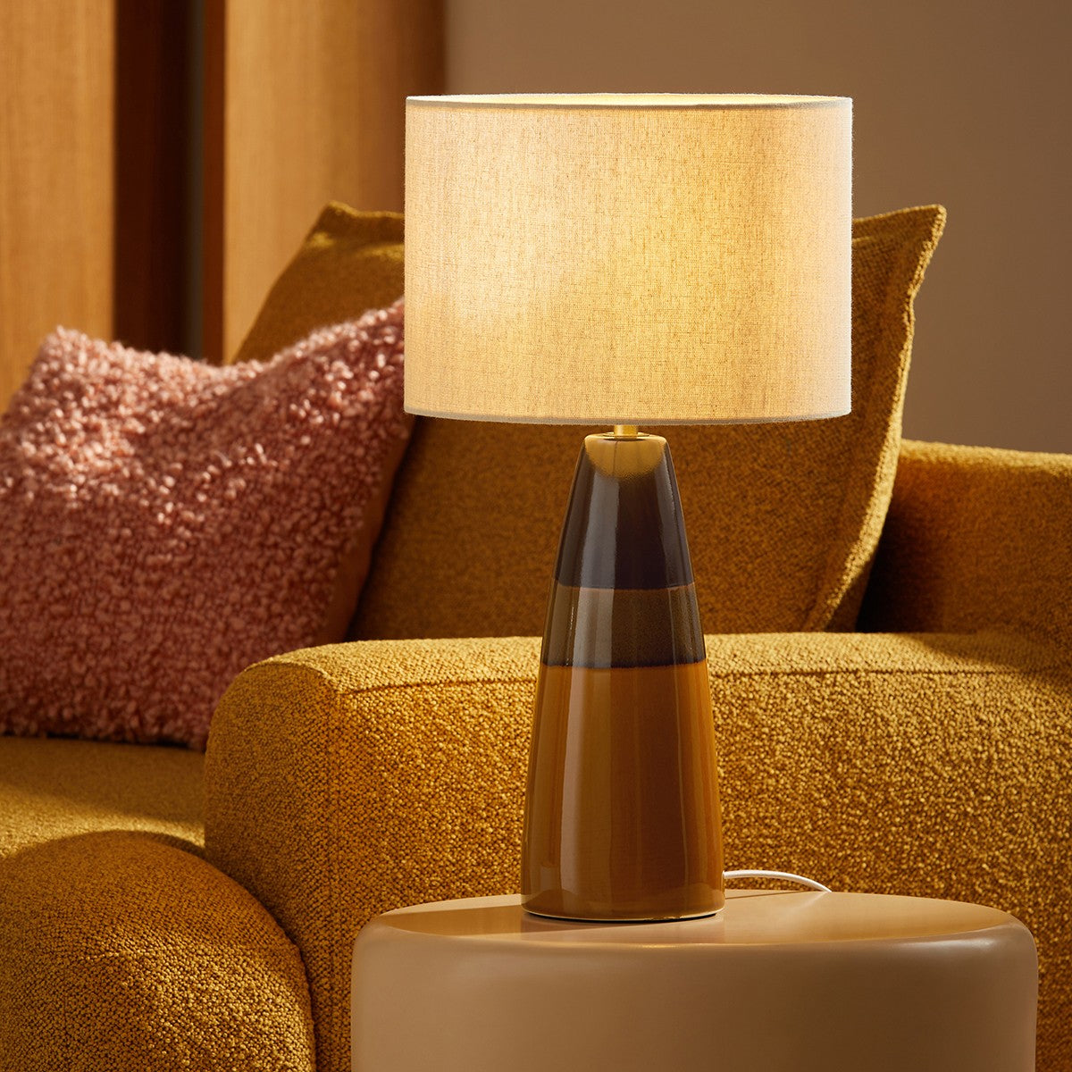 MADE Vince Brown Ceramic Table Lamp with Natural Linen Lampshade