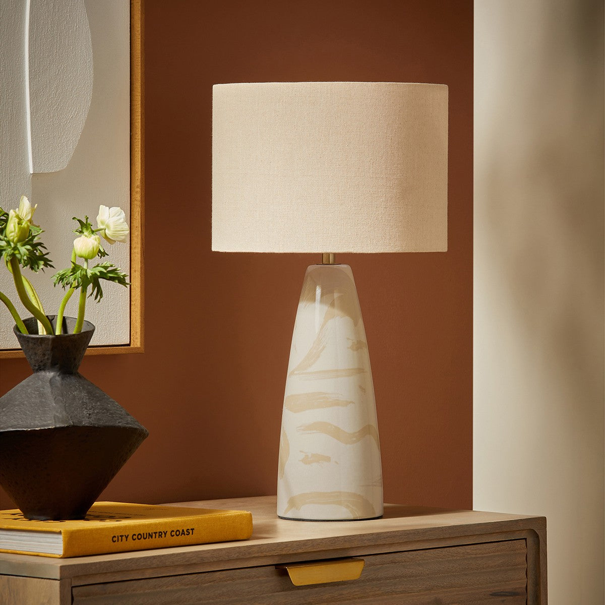 MADE Vince Cream Ceramic Table Lamp with Natural Linen Lampshade