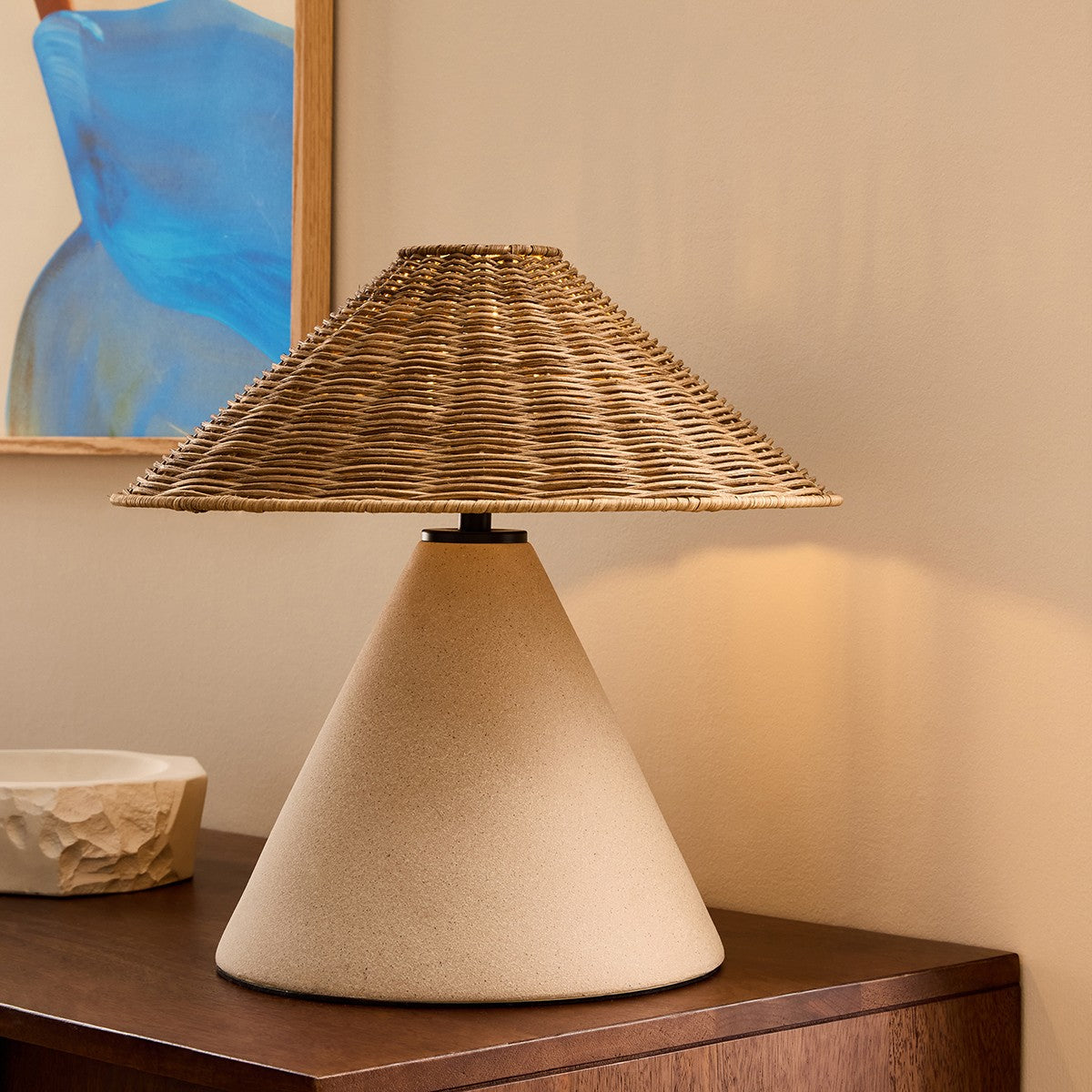 MADE Marlowe Large Ceramic Table Lamp with Natural Rattan Lamp Shade