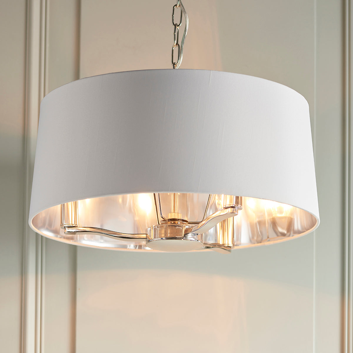 Bright nickel plate & vintage white fabric