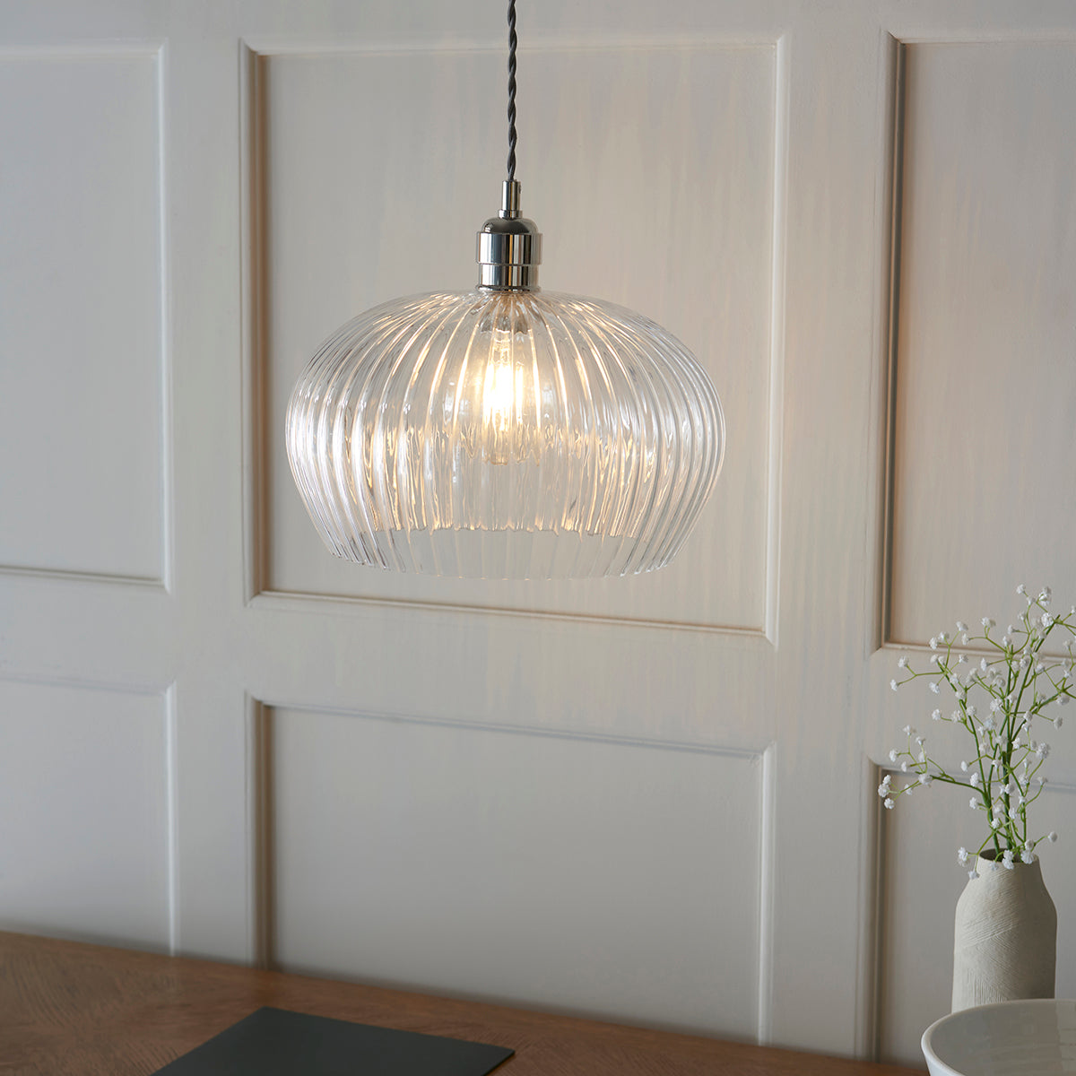 Bright nickel plate & ribbed glass Wide