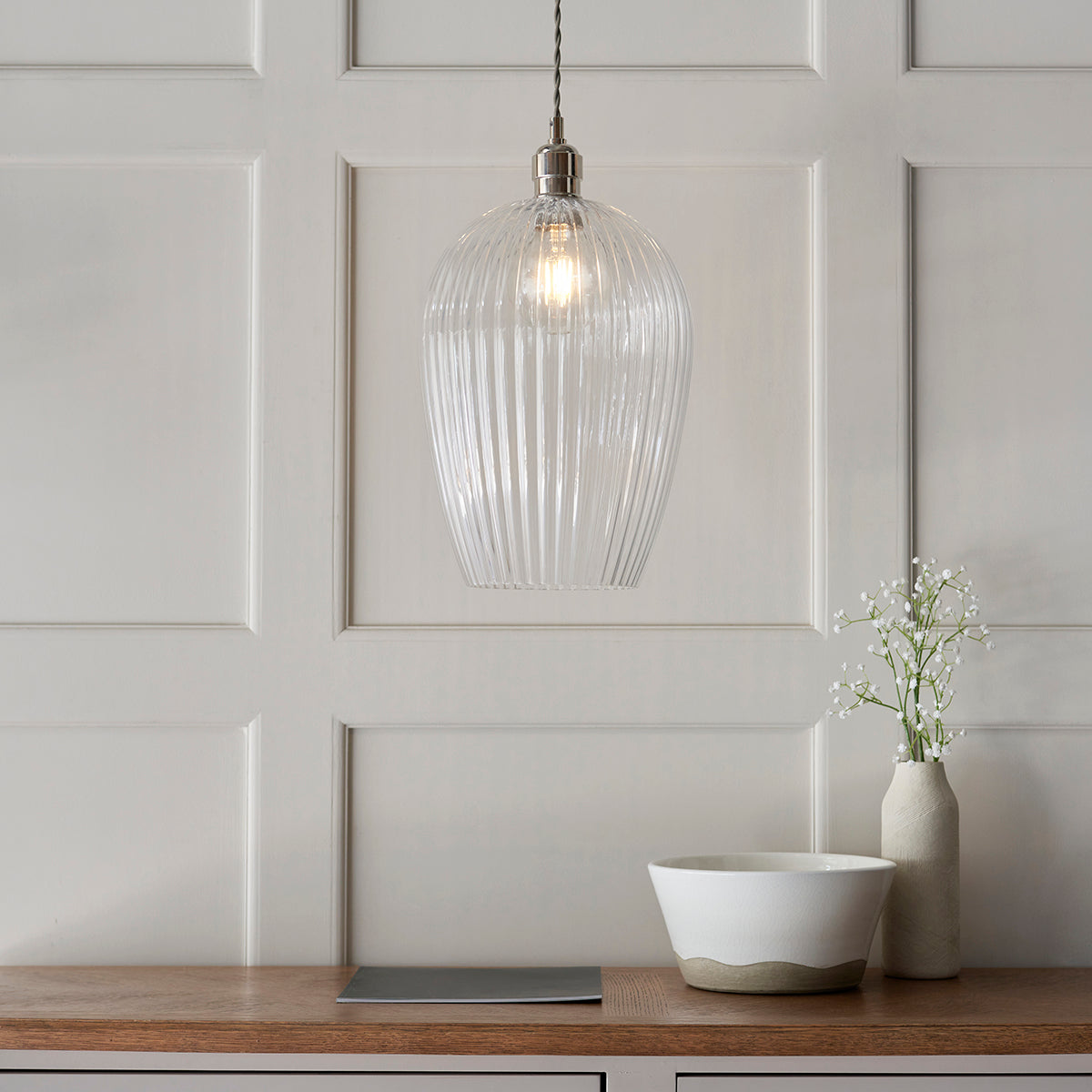 Bright nickel plate & ribbed glass Large