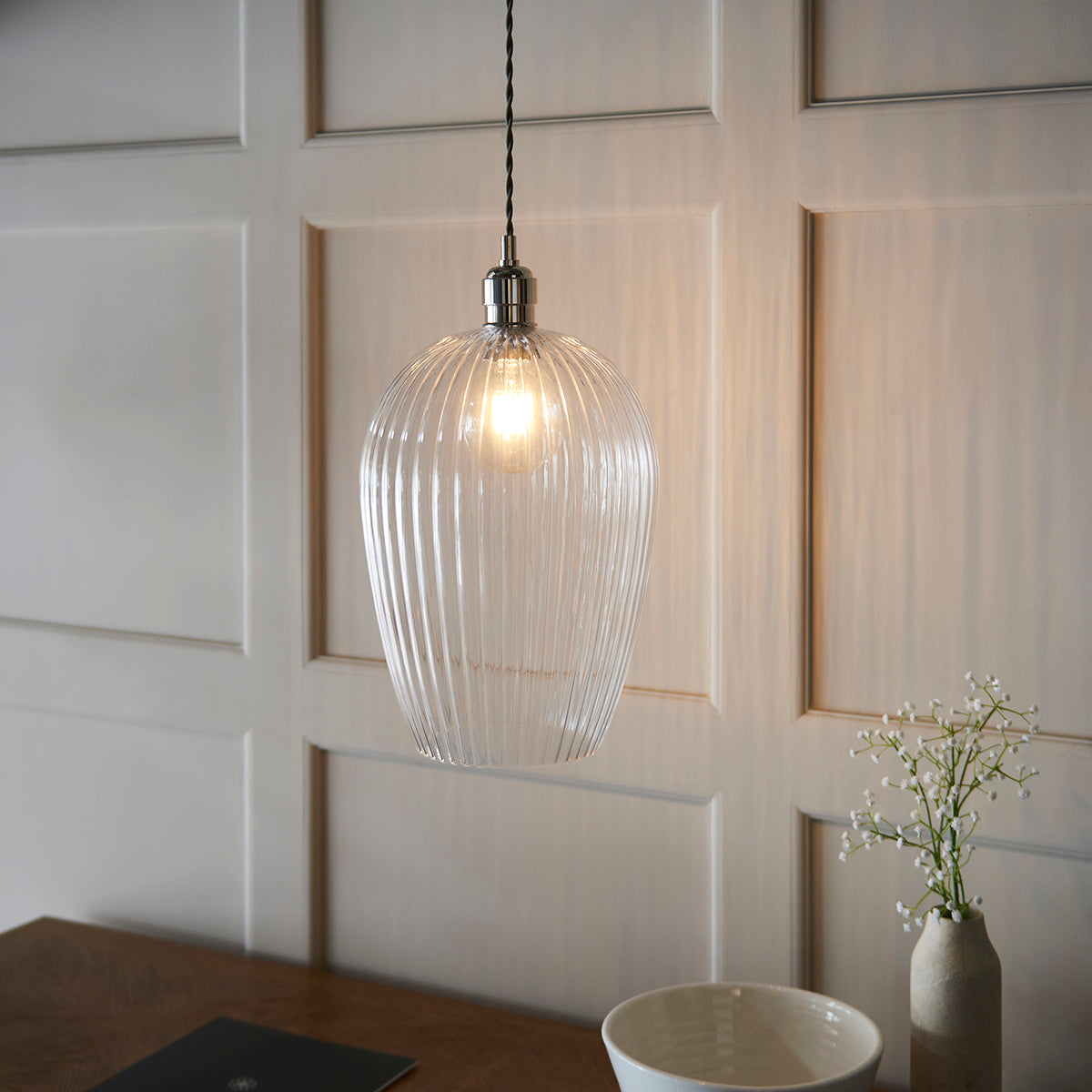 Bright nickel plate & ribbed glass Large