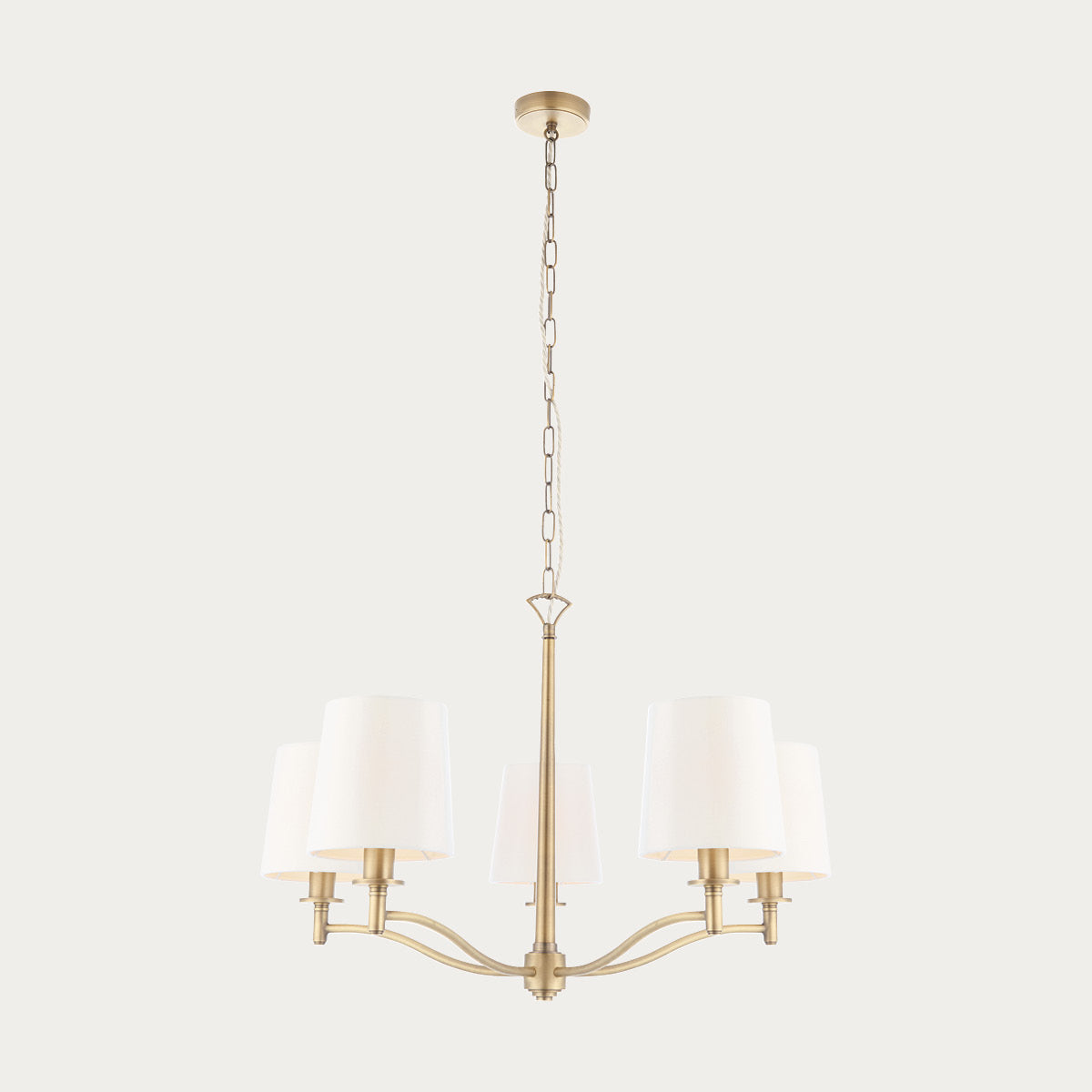 Odell Five Light Pendant in Antique Brass with Vintage White Fabric
