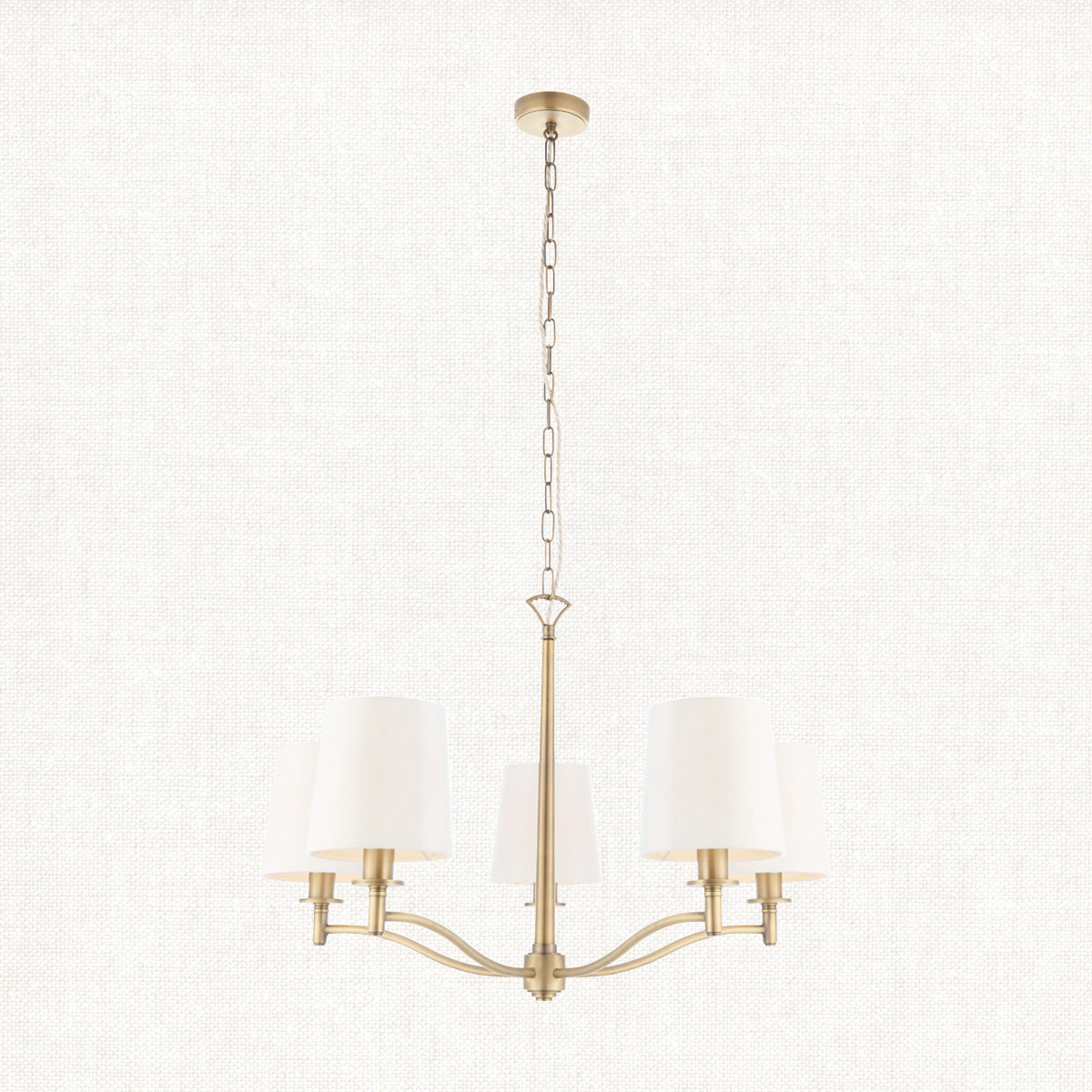Odell Five Light Pendant in Antique Brass with Vintage White Fabric