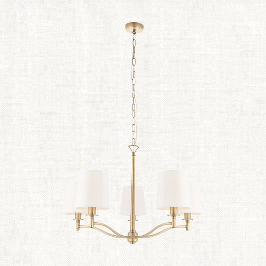 Odell Five Light Pendant in Antique Brass with Vintage White Fabric