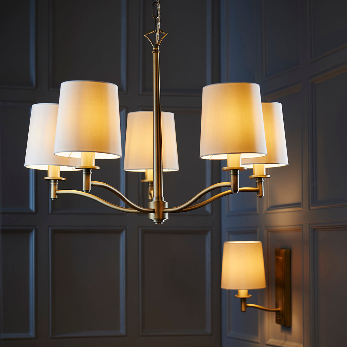 Odell Five Light Pendant in Antique Brass with Vintage White Fabric