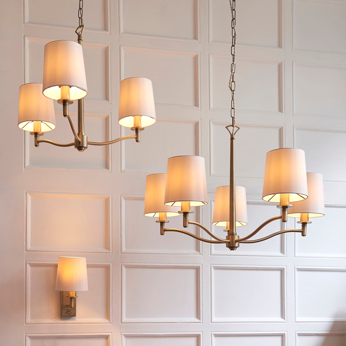 Odell Five Light Pendant in Antique Brass with Vintage White Fabric