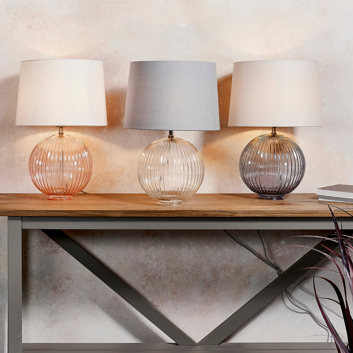 Jem Clear Ribbed Glass Table Lamp Base in Satin Nickel