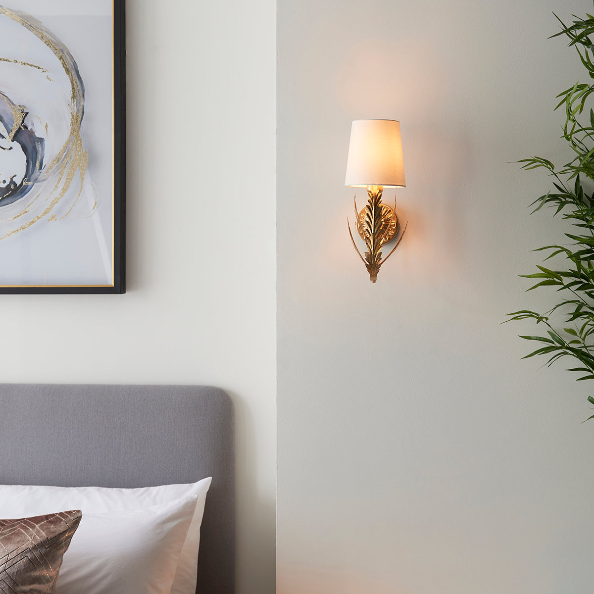 Nola Wall Light in Gold Leaf with Ivory Cotton Fabric Shade