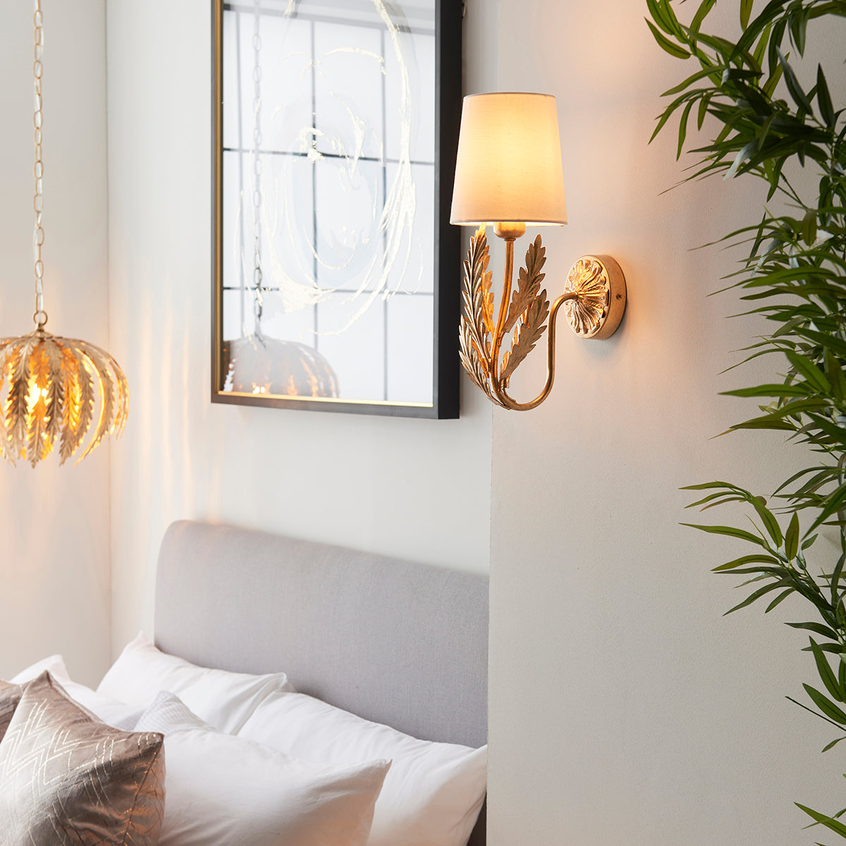 Nola Wall Light in Gold Leaf with Ivory Cotton Fabric Shade