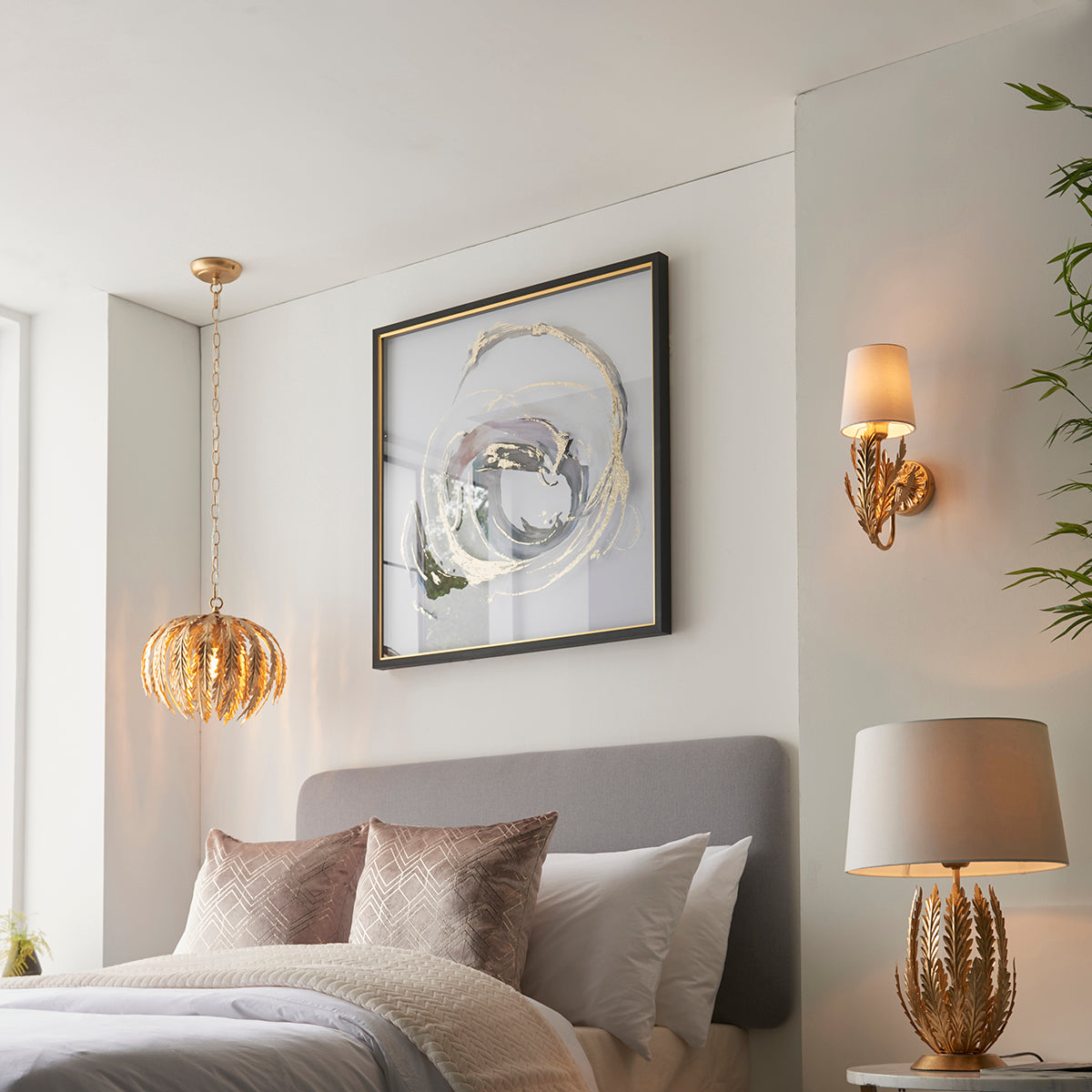 Nola Wall Light in Gold Leaf with Ivory Cotton Fabric Shade