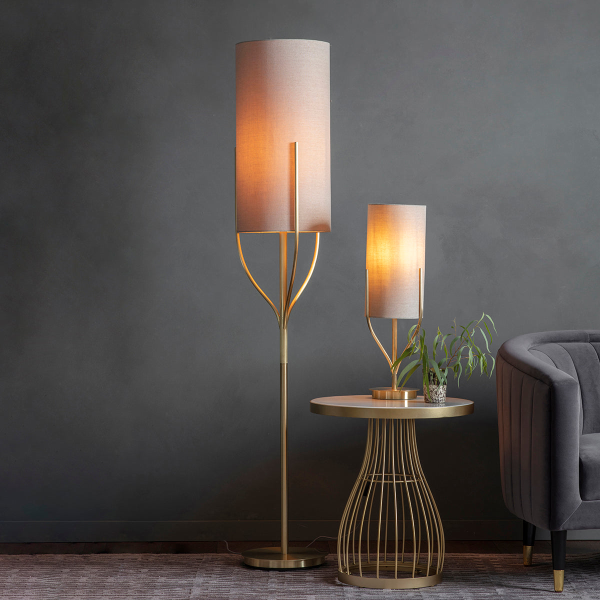 Fabio Floor Lamp in Satin Brass with Natural Linen Shade