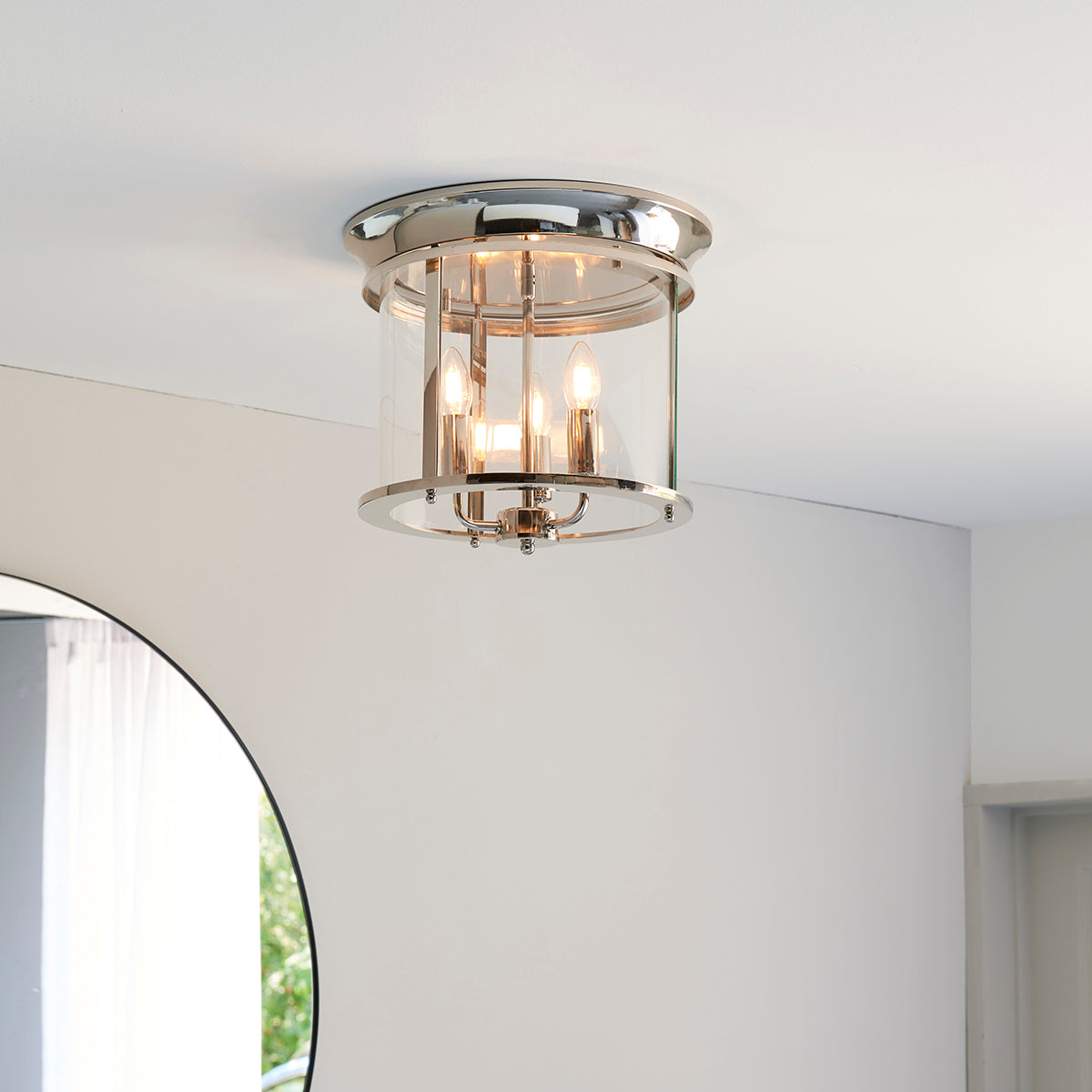 Lincoln Clear Glass Flush Light in Bright Nickel