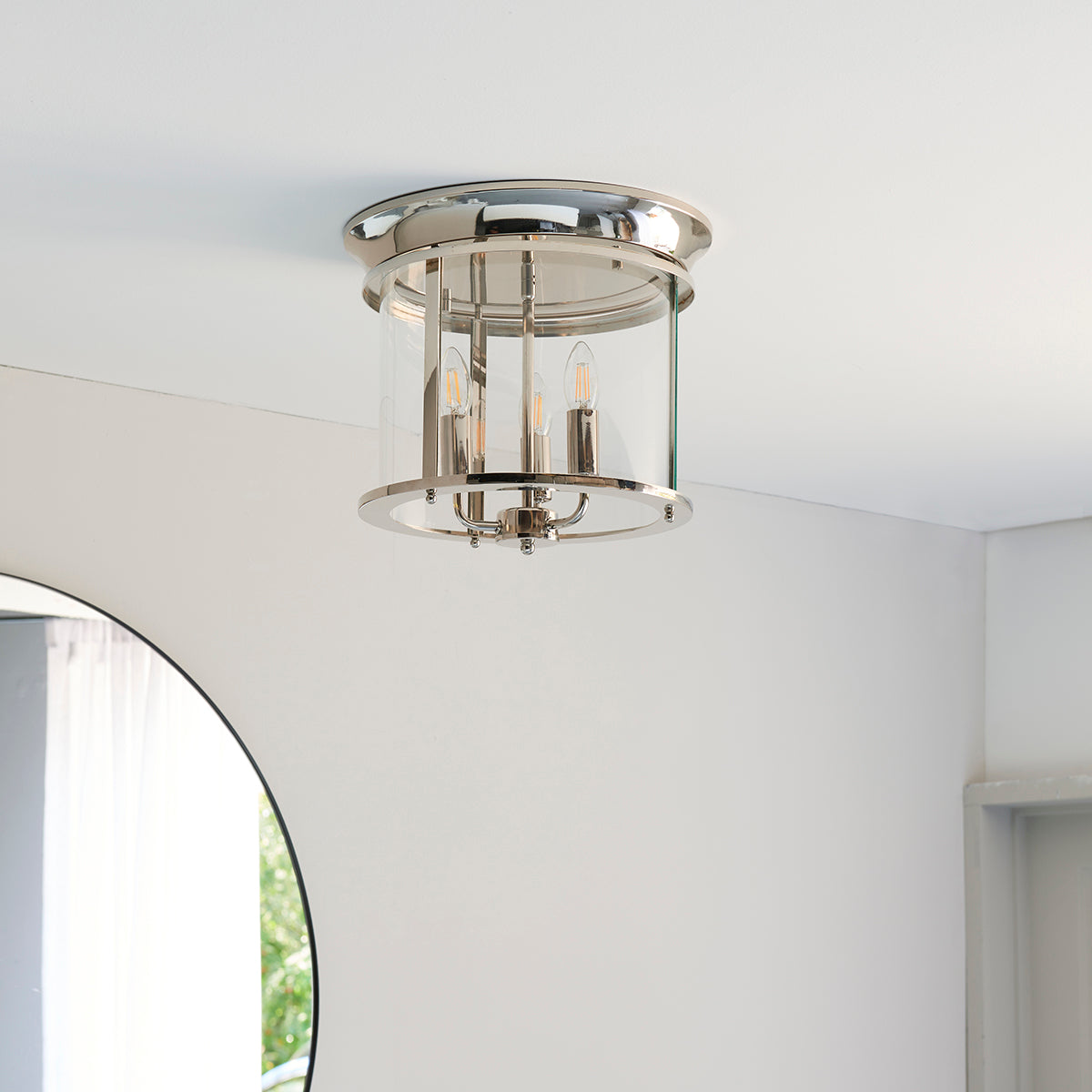 Lincoln Clear Glass Flush Light in Bright Nickel