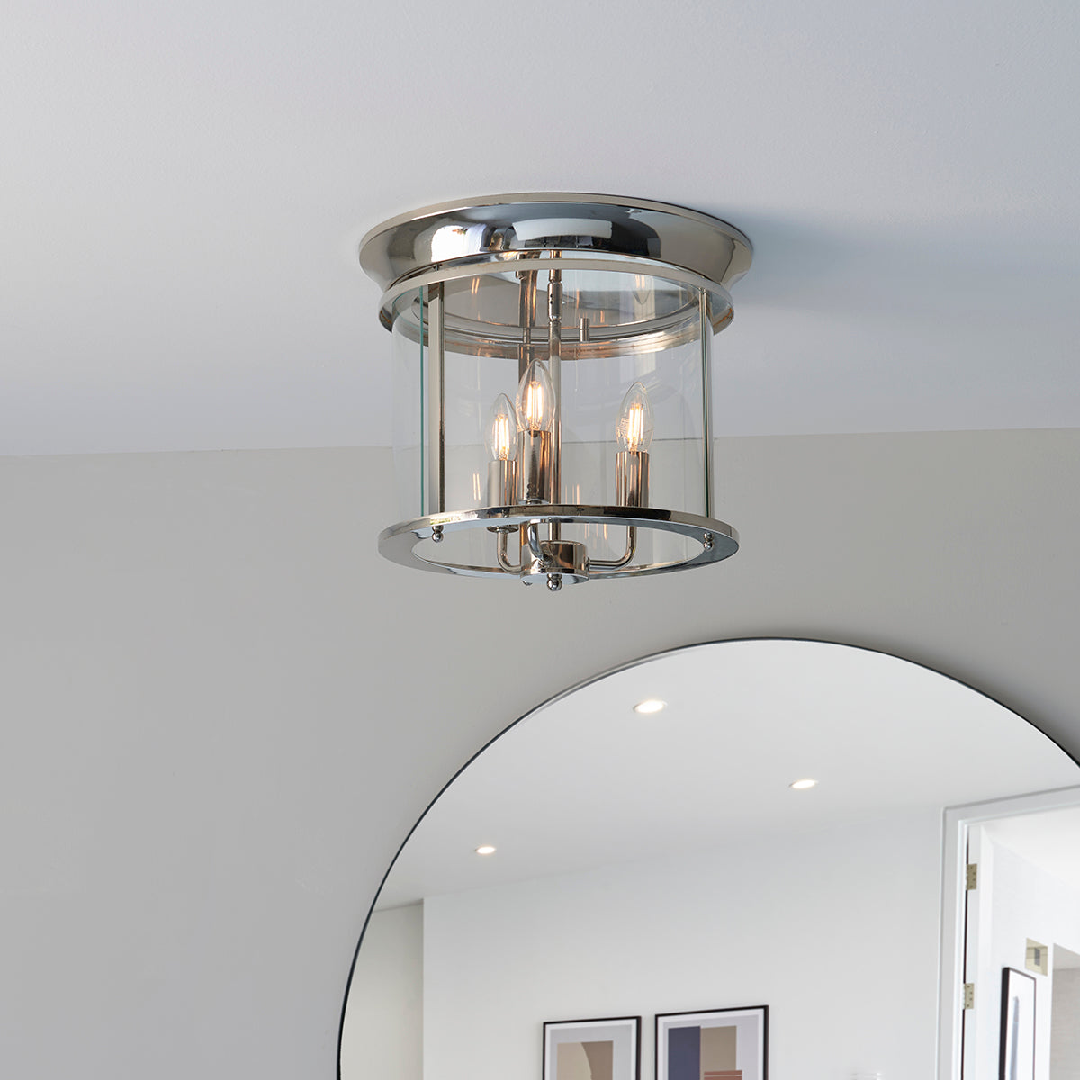 Lincoln Clear Glass Flush Light in Bright Nickel