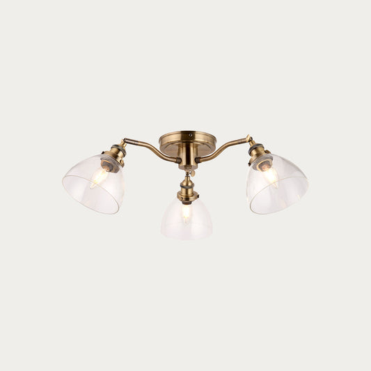 Marlowe Clear Glass Three Light Semi Flush Light in Antique Brass