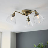 Marlowe Clear Glass Three Light Semi Flush Light in Antique Brass