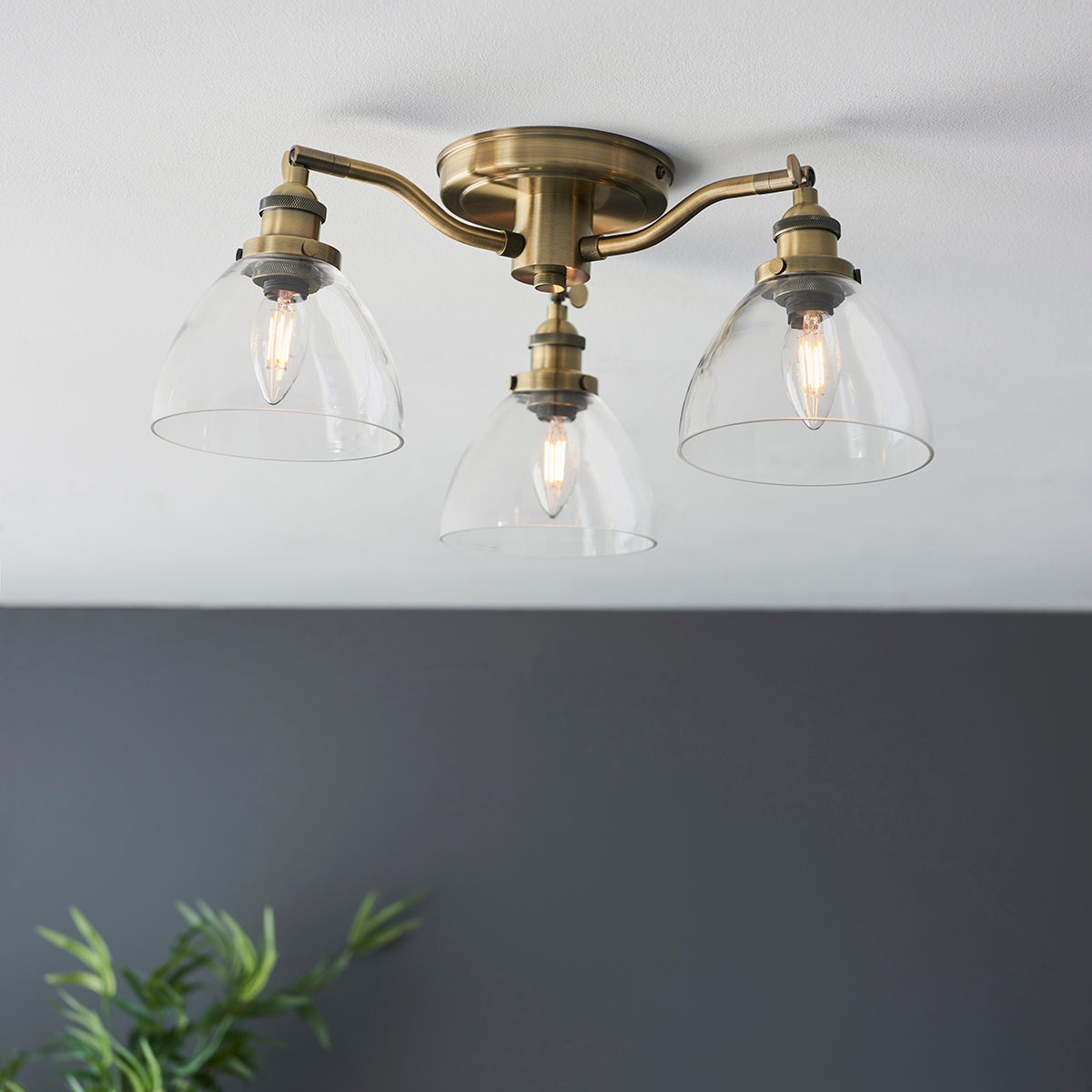 Marlowe Clear Glass Three Light Semi Flush Light in Antique Brass