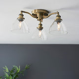 Marlowe Clear Glass Three Light Semi Flush Light in Antique Brass