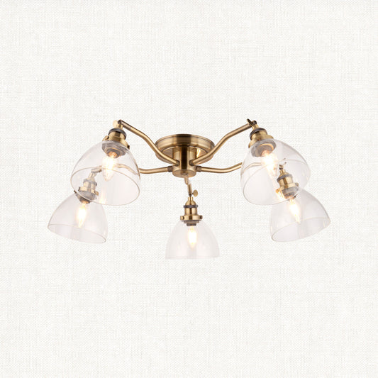 Marlowe Clear Glass Five Light Semi Flush Light in Antique Brass