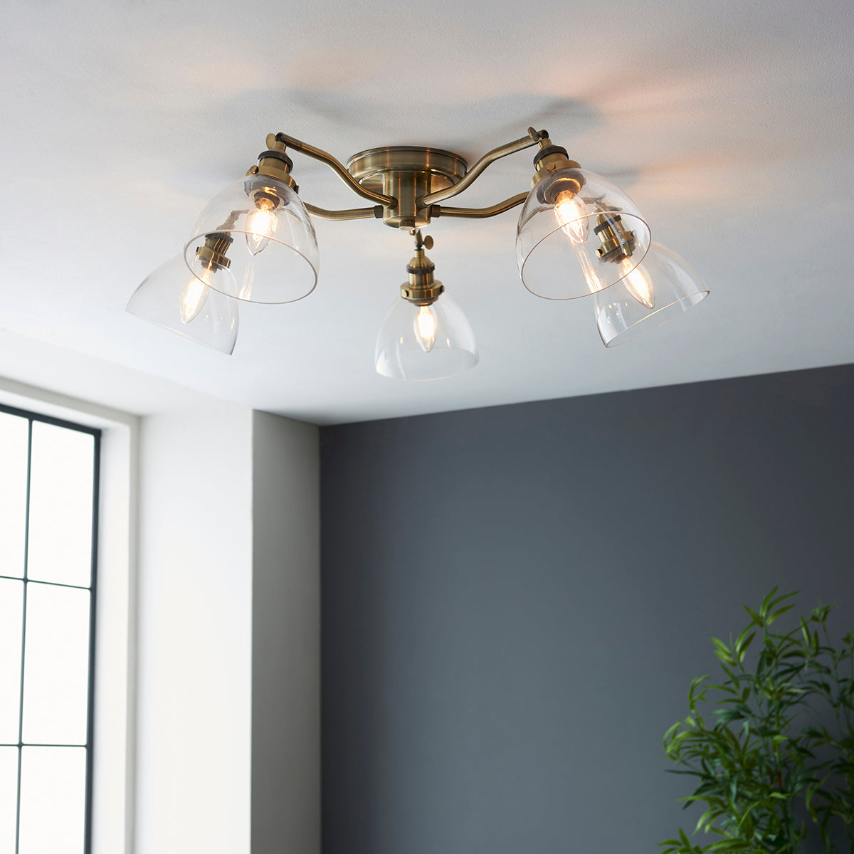 Marlowe Clear Glass Five Light Semi Flush Light in Antique Brass
