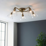 Marlowe Clear Glass Five Light Semi Flush Light in Antique Brass